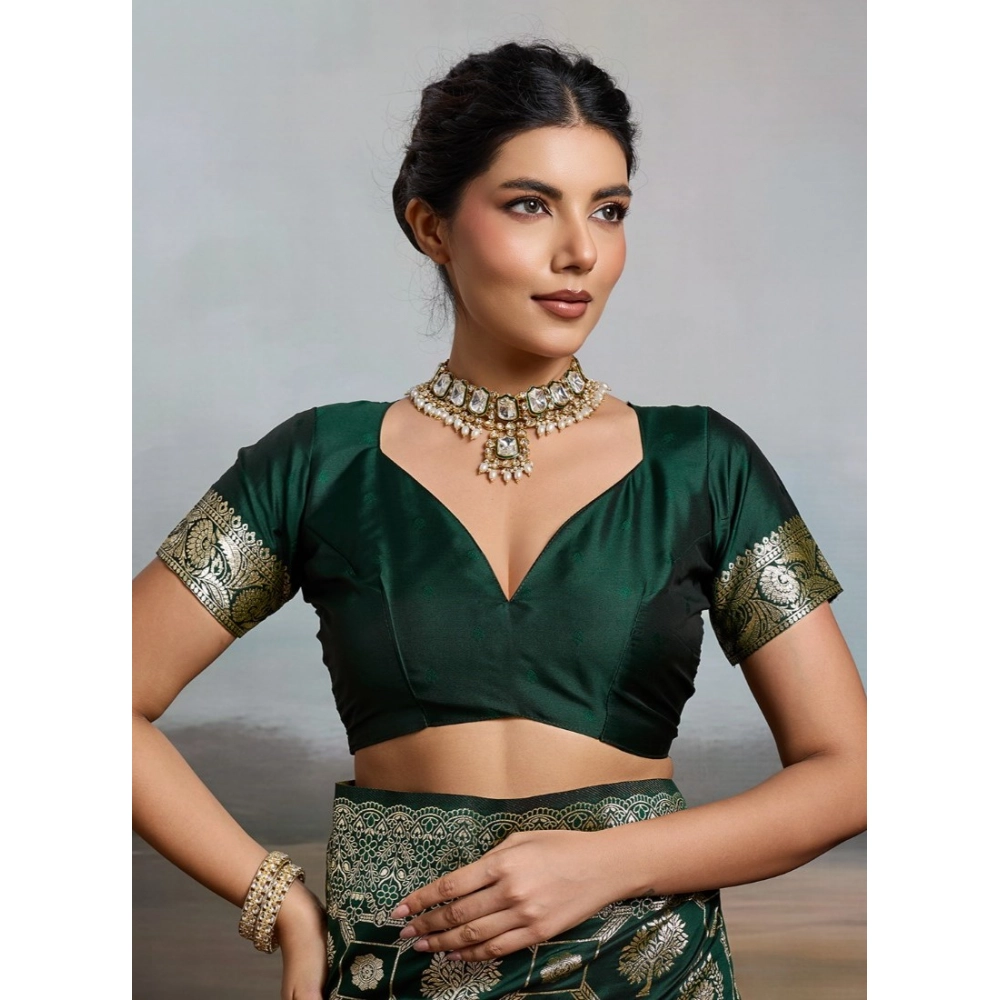 Women's Silk Blend Printed Saree With Unstitched Blouse 5.5Mtr (Bottel Green) - Image 5