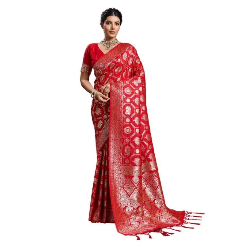 Alternative view of Women's Silk Blend Printed Saree With Unstitched Blouse 5.5Mtr (Red)