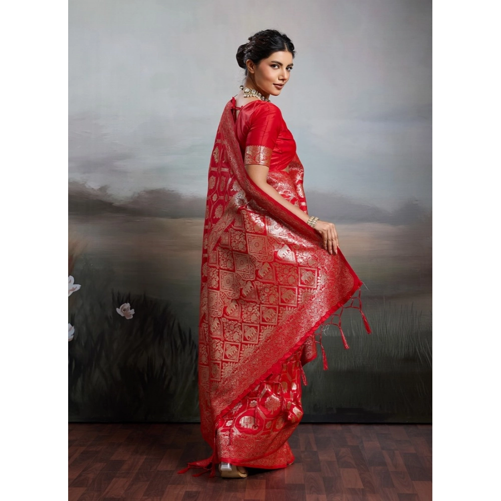 Women's Silk Blend Printed Saree With Unstitched Blouse 5.5Mtr (Red) - Image 3