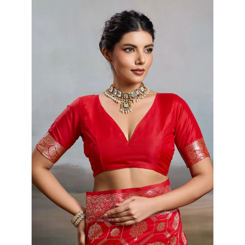 Women's Silk Blend Printed Saree With Unstitched Blouse 5.5Mtr (Red) - Image 4