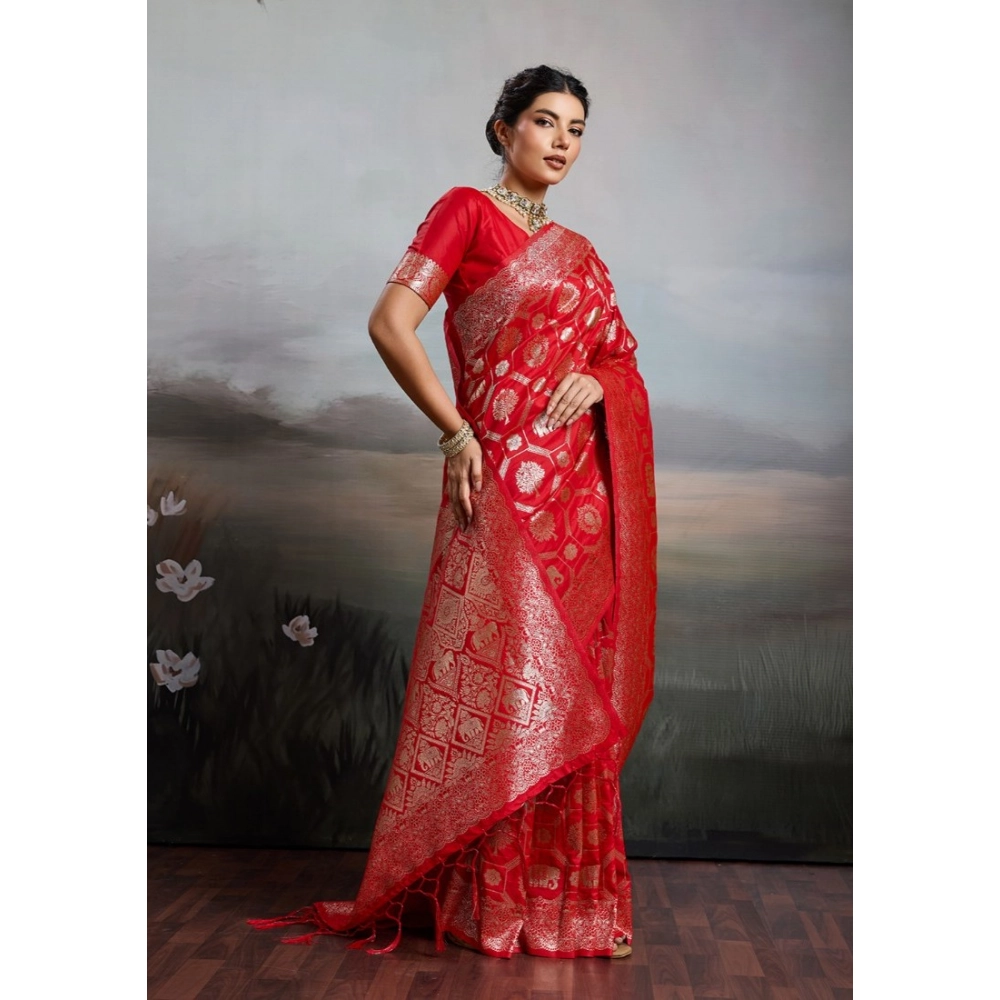 Women's Silk Blend Printed Saree With Unstitched Blouse 5.5Mtr (Red) - Image 5