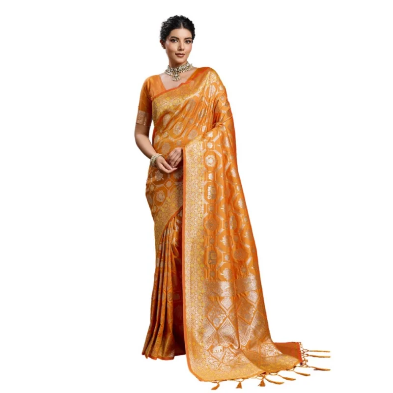 Alternative view of Women's Silk Blend Printed Saree With Unstitched Blouse 5.5Mtr (Orange)