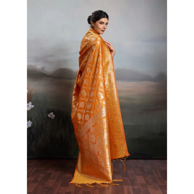 Women's Silk Blend Printed Saree With Unstitched Blouse 5.5Mtr (Orange) - Image 3