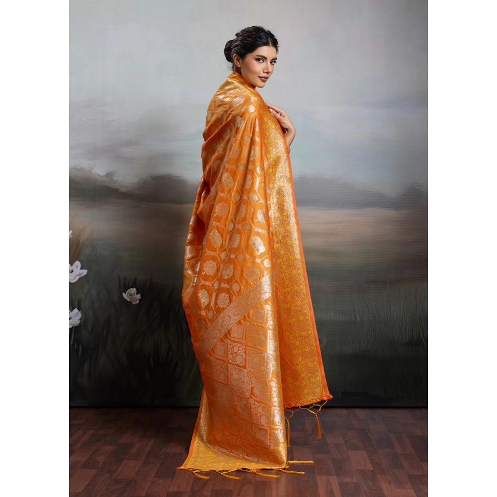 Women's Silk Blend Printed Saree With Unstitched Blouse 5.5Mtr (Orange) - Image 3