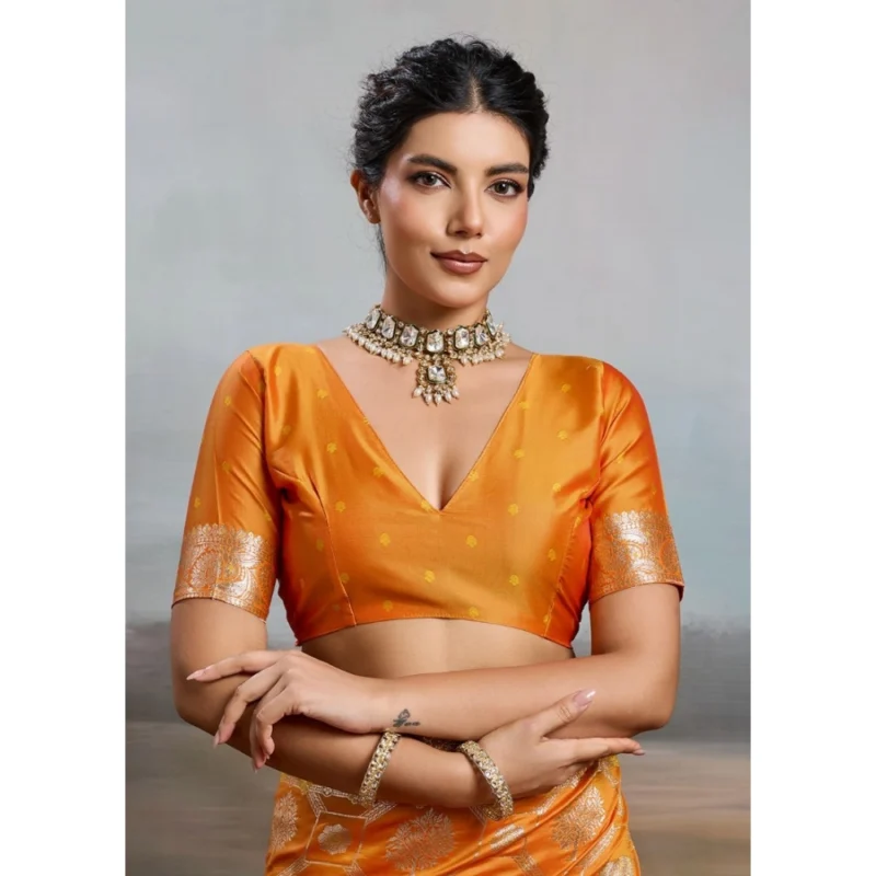 Women's Silk Blend Printed Saree With Unstitched Blouse 5.5Mtr (Orange) - Image 4