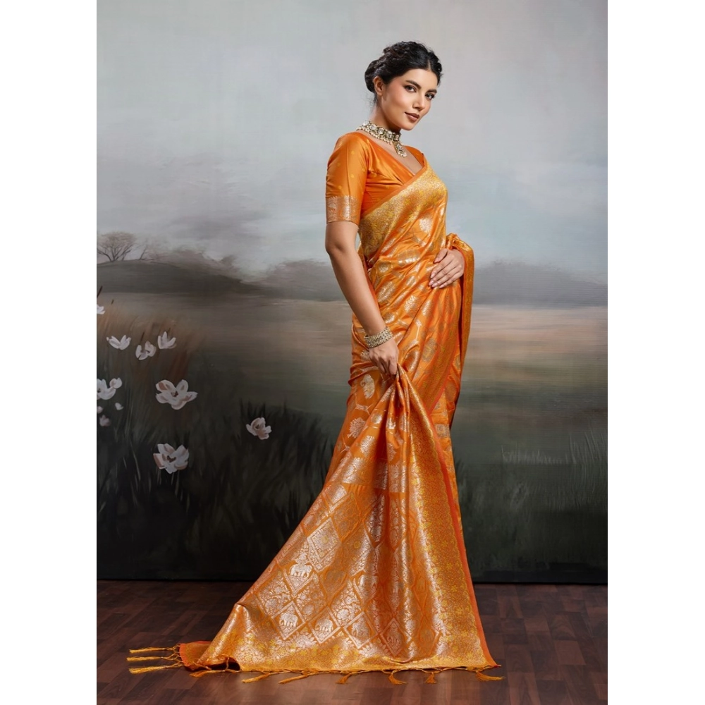 Women's Silk Blend Printed Saree With Unstitched Blouse 5.5Mtr (Orange) - Image 5