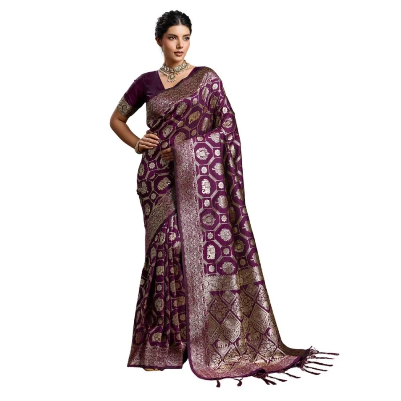 Alternative view of Women's Silk Blend Printed Saree With Unstitched Blouse 5.5Mtr (Wine)