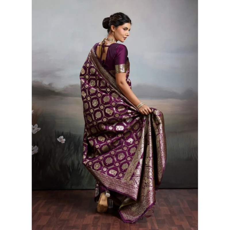 Women's Silk Blend Printed Saree With Unstitched Blouse 5.5Mtr (Wine) - Image 3