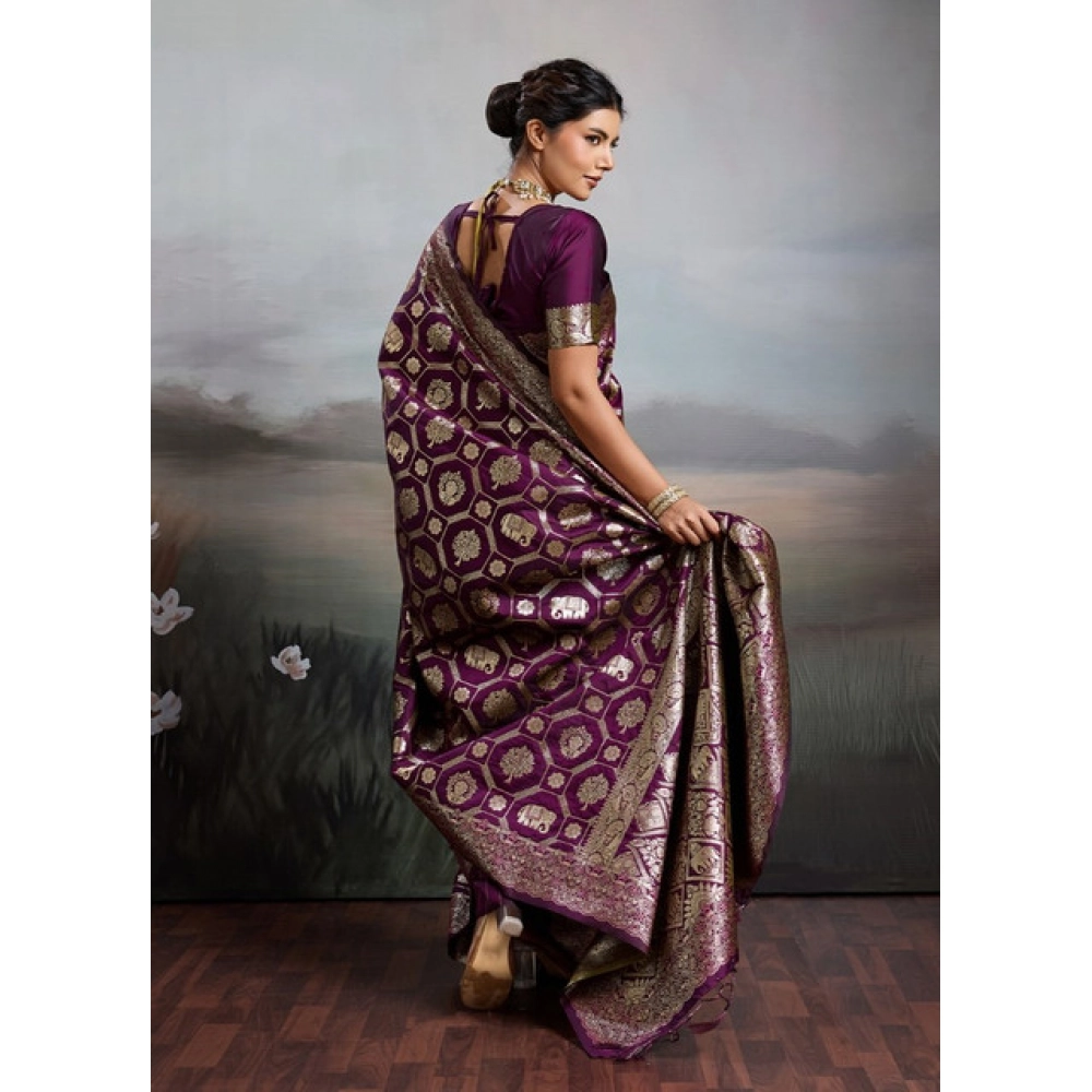 Women's Silk Blend Printed Saree With Unstitched Blouse 5.5Mtr (Wine) - Image 3