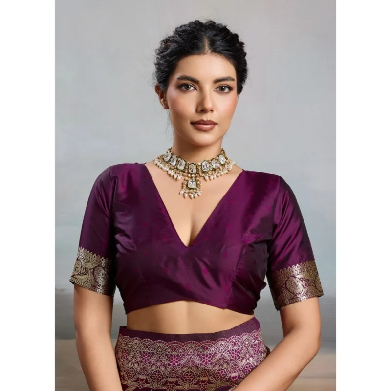 Women's Silk Blend Printed Saree With Unstitched Blouse 5.5Mtr (Wine) - Image 5