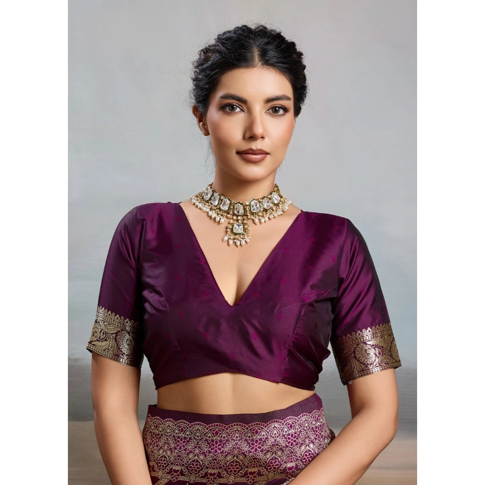 Women's Silk Blend Printed Saree With Unstitched Blouse 5.5Mtr (Wine) - Image 5
