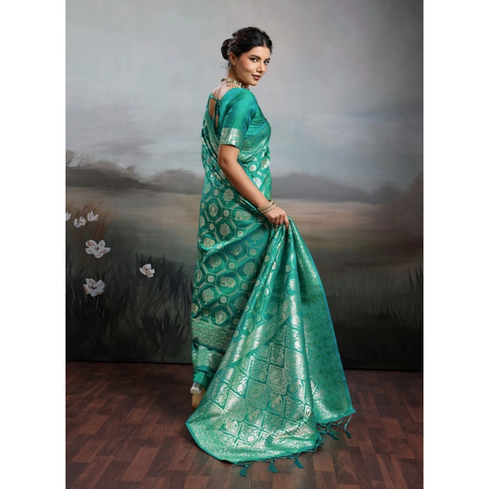 Women's Silk Blend Printed Saree With Unstitched Blouse 5.5Mtr (Rama Green) - Image 3