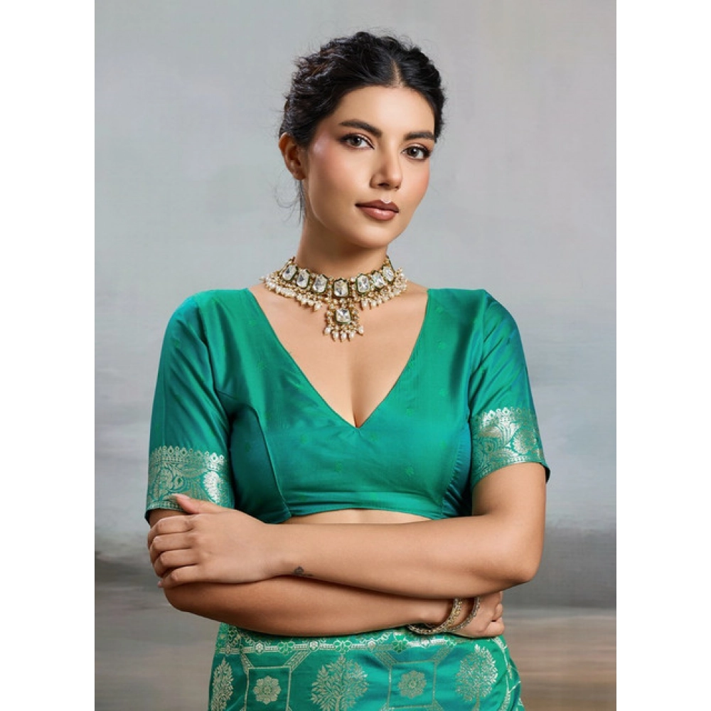 Women's Silk Blend Printed Saree With Unstitched Blouse 5.5Mtr (Rama Green) - Image 4
