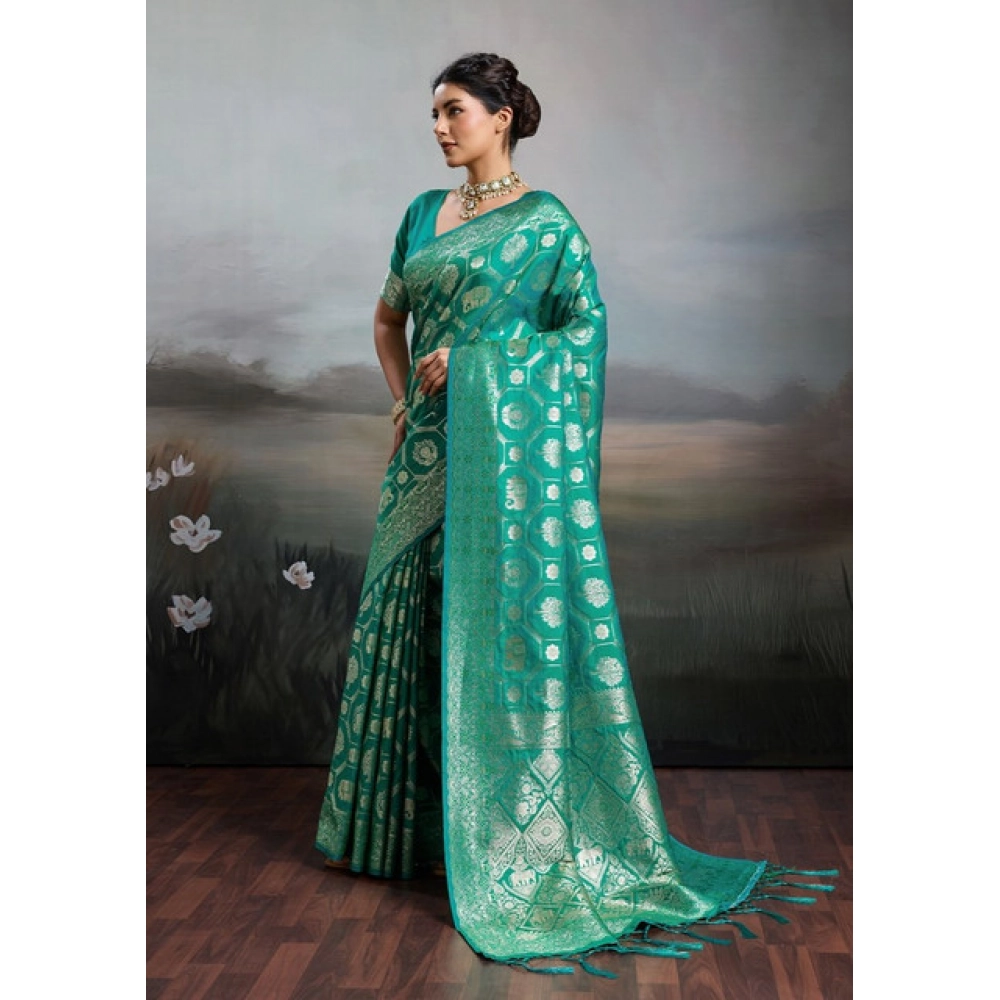 Women's Silk Blend Printed Saree With Unstitched Blouse 5.5Mtr (Rama Green) - Image 5