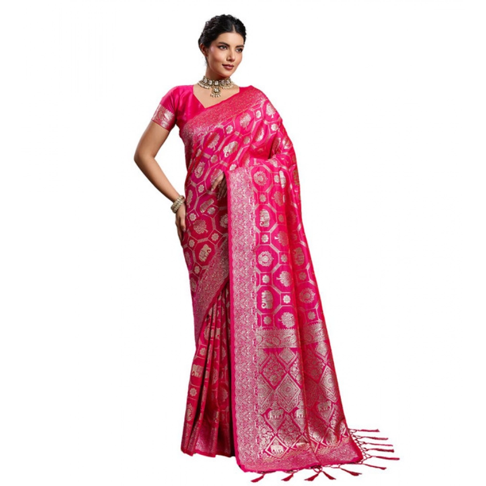 Women's Silk Blend Printed Saree With Unstitched Blouse 5.5Mtr (Pink) - Image 2