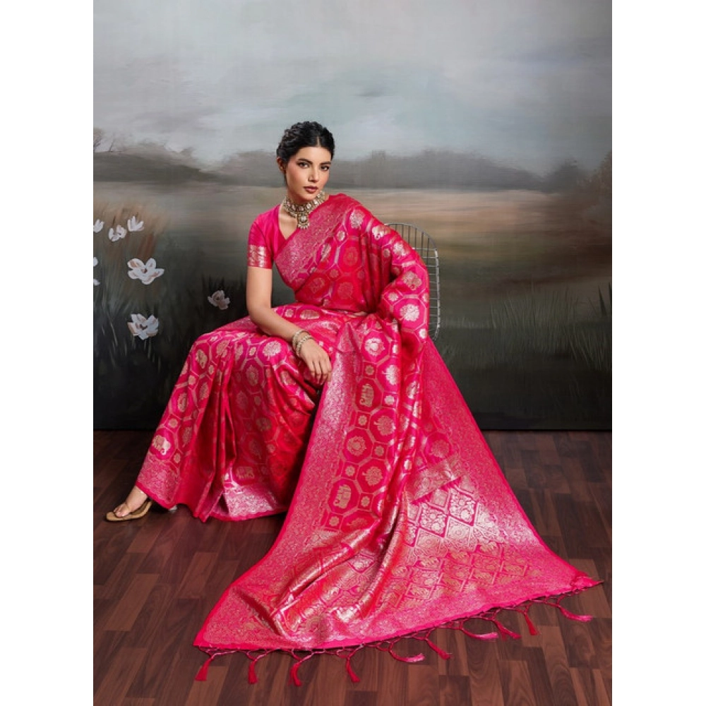 Women's Silk Blend Printed Saree With Unstitched Blouse 5.5Mtr (Pink) - Image 4