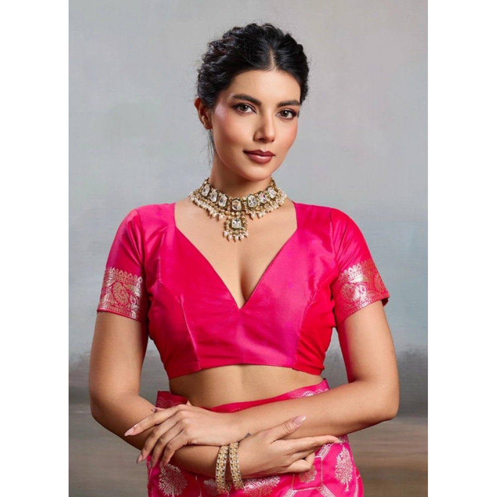 Women's Silk Blend Printed Saree With Unstitched Blouse 5.5Mtr (Pink) - Image 5