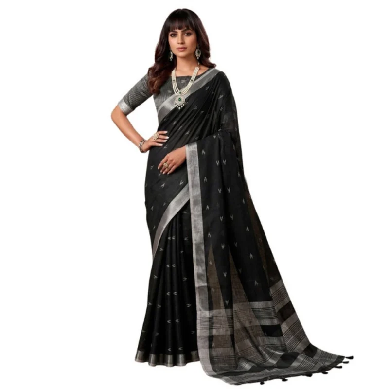 Women's Linen Cotton Printed Saree With Unstitched Blouse 5.5Mtr (Black) - Image 2
