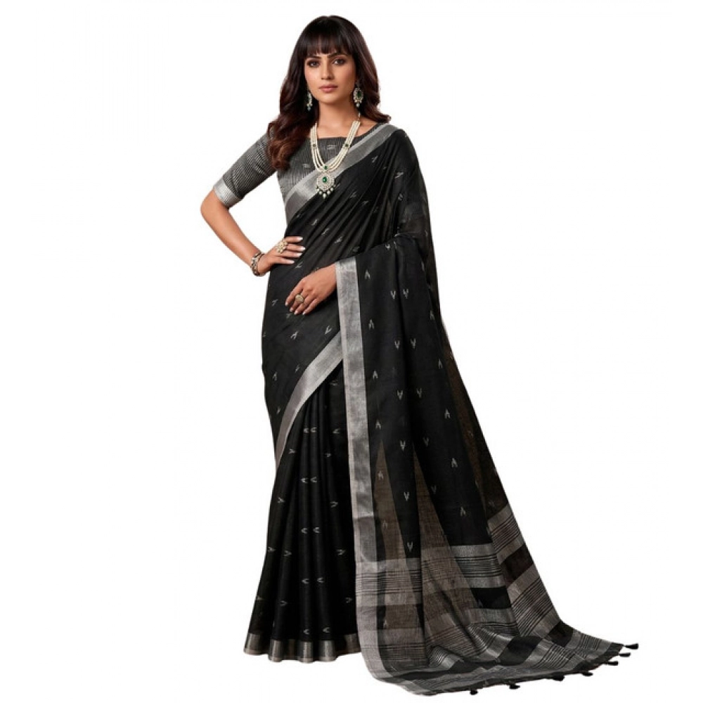 Women's Linen Cotton Printed Saree With Unstitched Blouse 5.5Mtr (Black) - Image 2