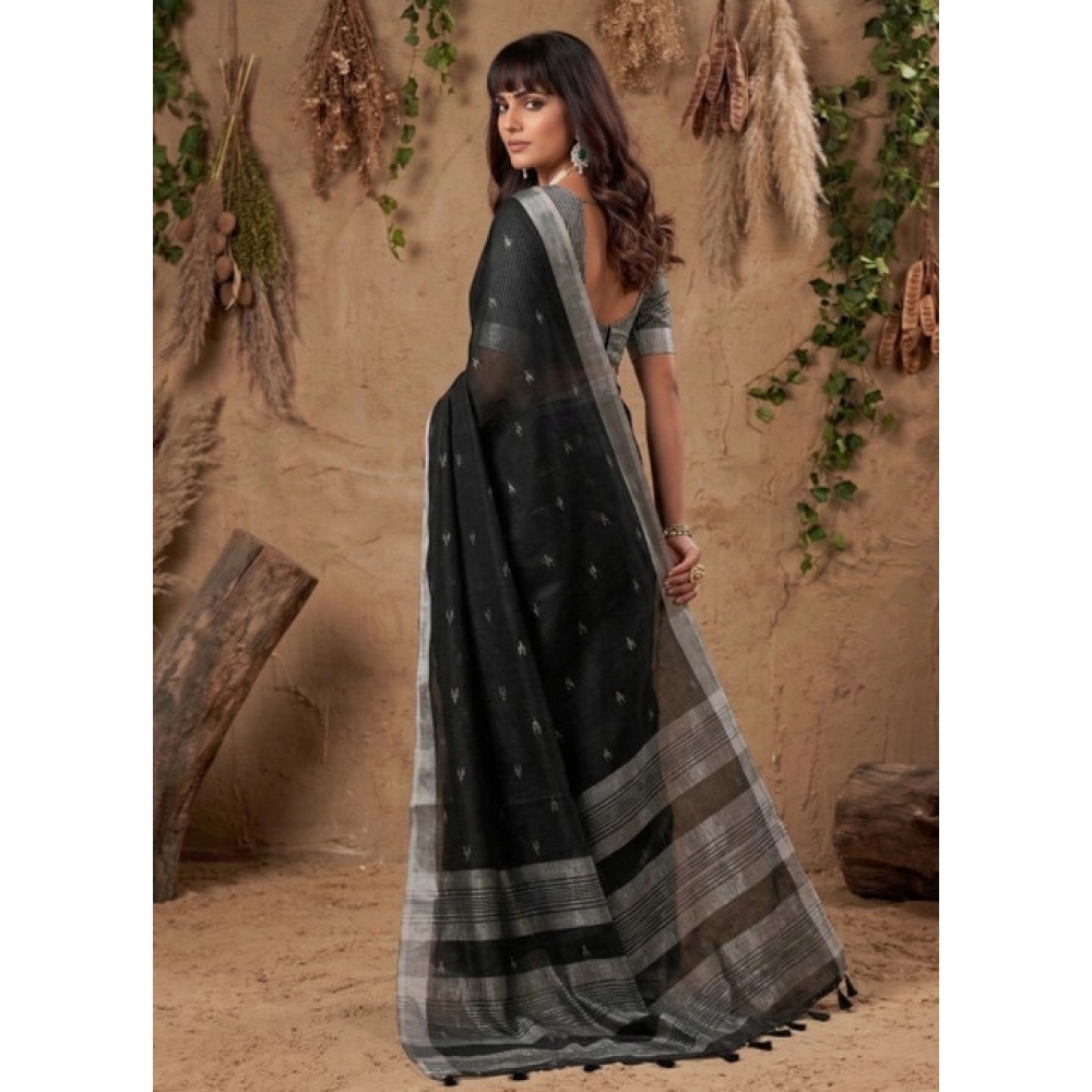 Women's Linen Cotton Printed Saree With Unstitched Blouse 5.5Mtr (Black) - Image 3