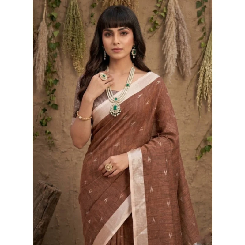 Women's Linen Cotton Printed Saree With Unstitched Blouse 5.5Mtr (Brown)