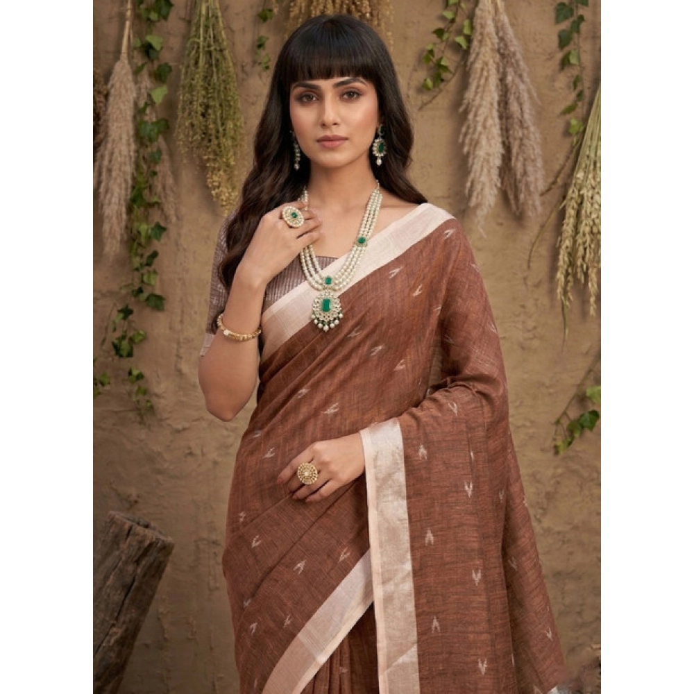 Women's Linen Cotton Printed Saree With Unstitched Blouse 5.5Mtr (Brown)