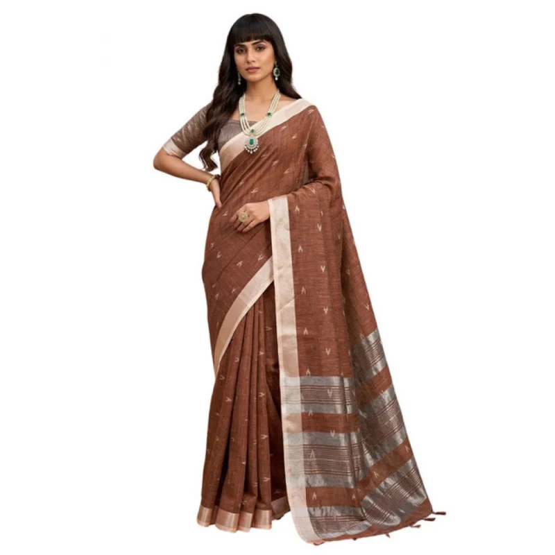 Women's Linen Cotton Printed Saree With Unstitched Blouse 5.5Mtr (Brown) - Image 2