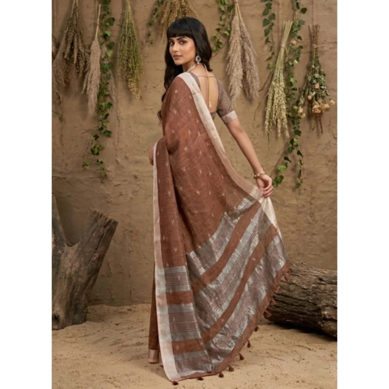 Women's Linen Cotton Printed Saree With Unstitched Blouse 5.5Mtr (Brown) - Image 3