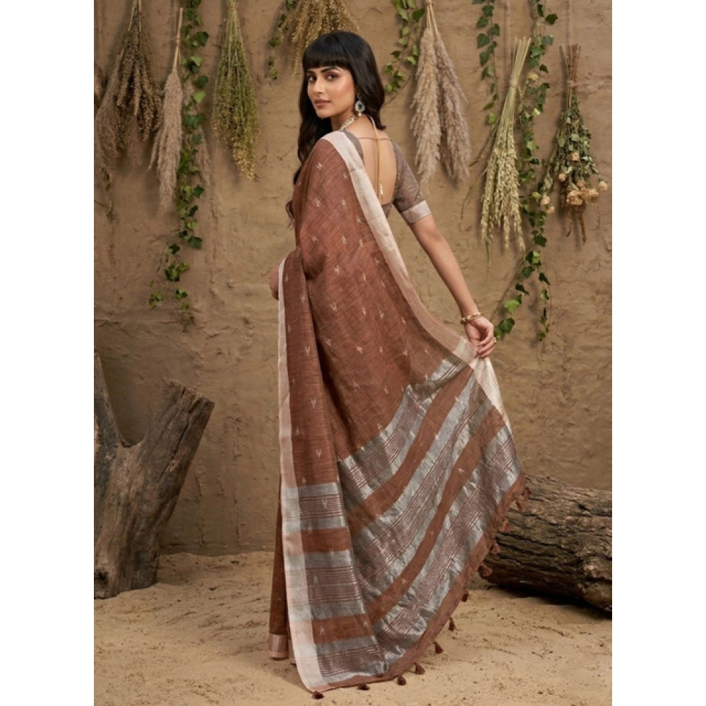 Women's Linen Cotton Printed Saree With Unstitched Blouse 5.5Mtr (Brown) - Image 3