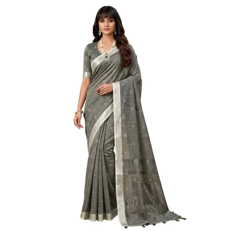 Women's Linen Cotton Printed Saree With Unstitched Blouse 5.5Mtr (Gray) - Image 2