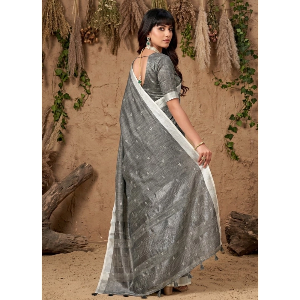 Women's Linen Cotton Printed Saree With Unstitched Blouse 5.5Mtr (Gray) - Image 3