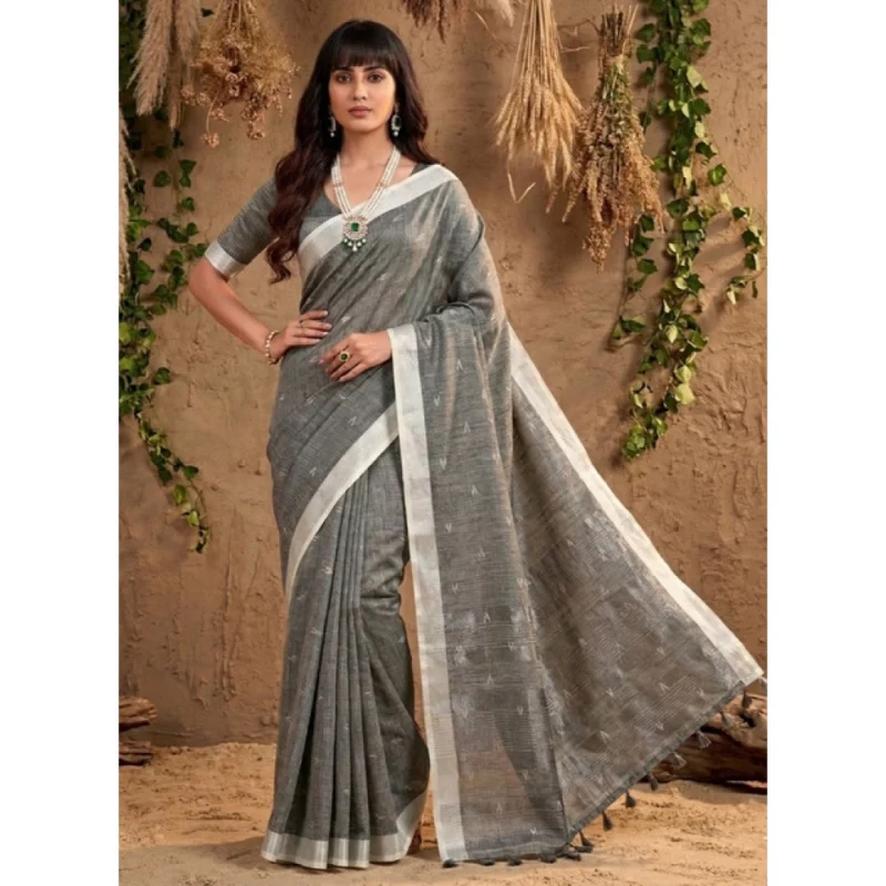 Women's Linen Cotton Printed Saree With Unstitched Blouse 5.5Mtr (Gray) - Image 4