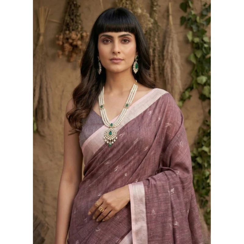 Women's Linen Cotton Printed Saree With Unstitched Blouse 5.5Mtr (Purple)