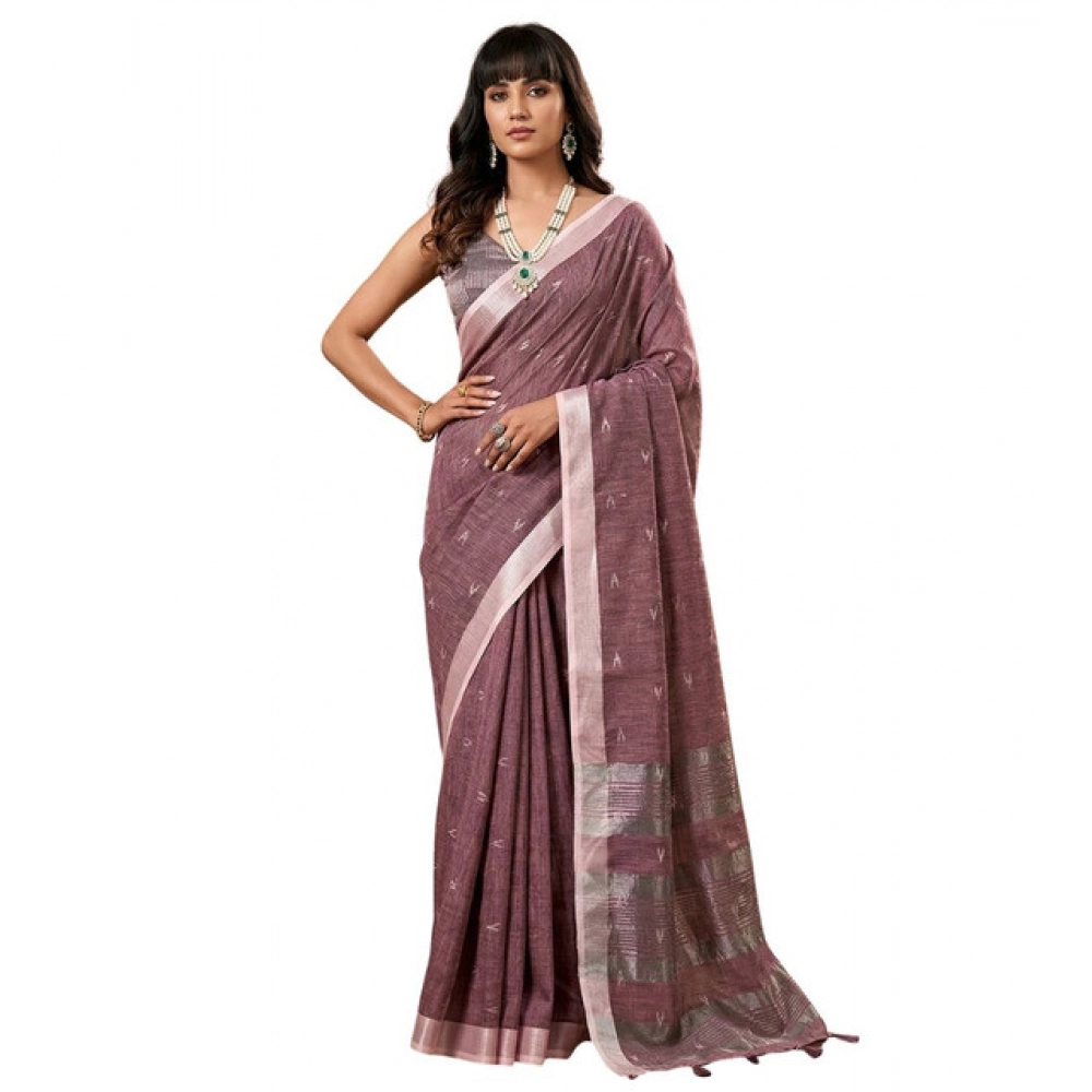 Women's Linen Cotton Printed Saree With Unstitched Blouse 5.5Mtr (Purple) - Image 2