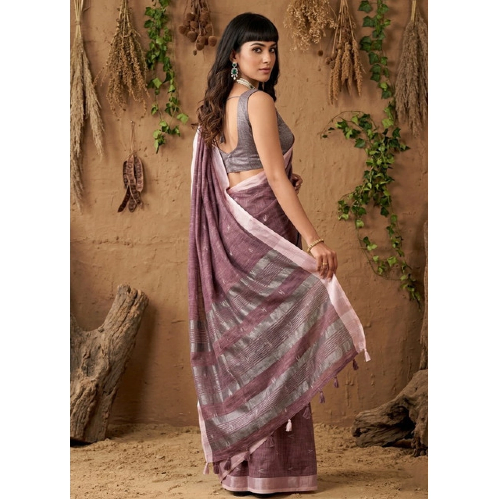 Women's Linen Cotton Printed Saree With Unstitched Blouse 5.5Mtr (Purple) - Image 3