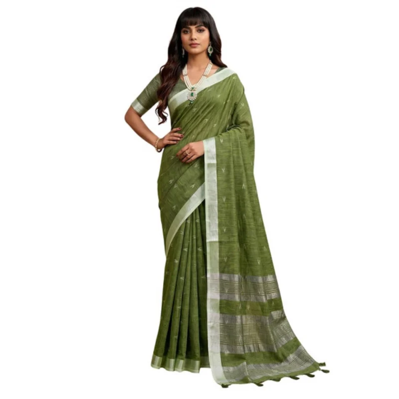 Women's Linen Cotton Printed Saree With Unstitched Blouse 5.5Mtr (Green) - Image 2