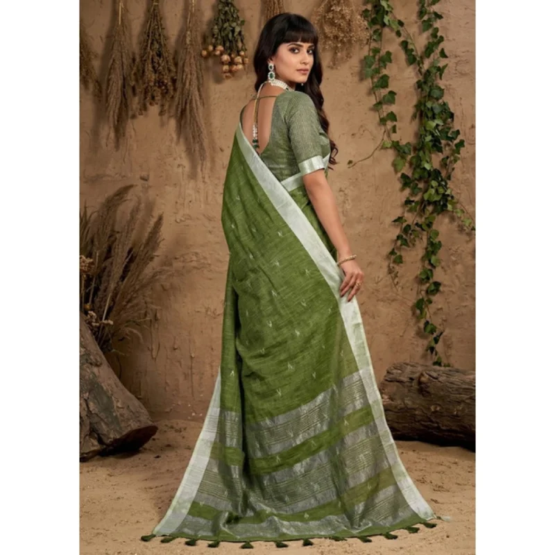 Women's Linen Cotton Printed Saree With Unstitched Blouse 5.5Mtr (Green) - Image 3