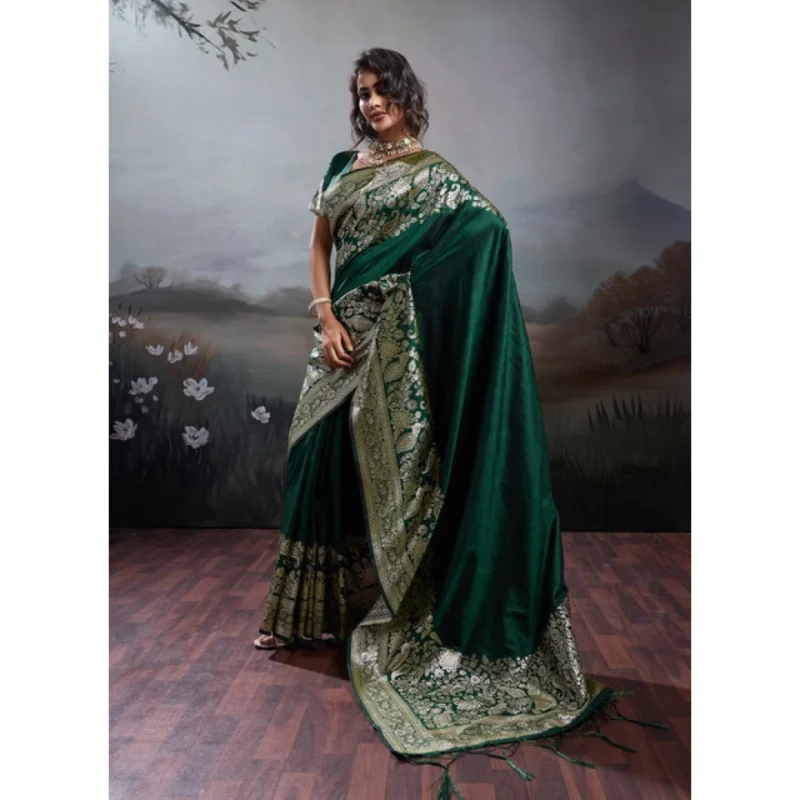 Women's Silk Blend Printed Saree With Unstitched Blouse 5.5Mtr (Dark Green)