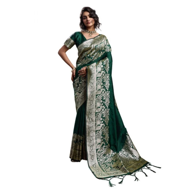 Alternative view of Women's Silk Blend Printed Saree With Unstitched Blouse 5.5Mtr (Dark Green)