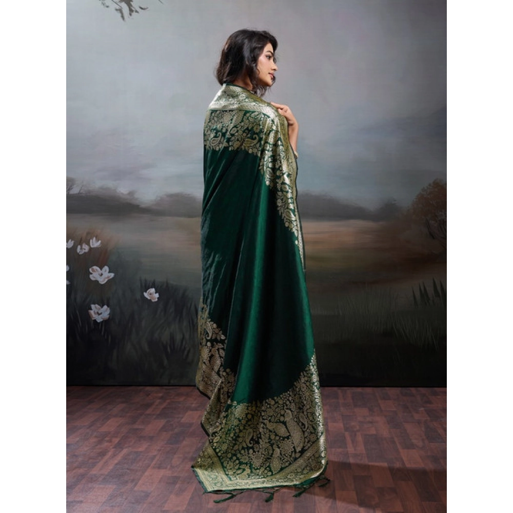 Women's Silk Blend Printed Saree With Unstitched Blouse 5.5Mtr (Dark Green) - Image 3