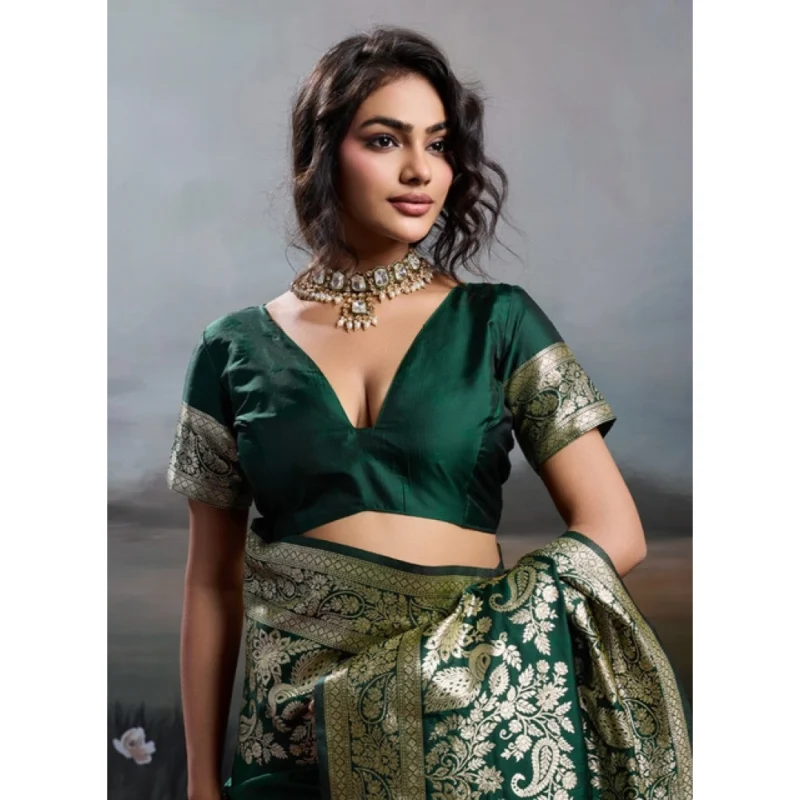Women's Silk Blend Printed Saree With Unstitched Blouse 5.5Mtr (Dark Green) - Image 5