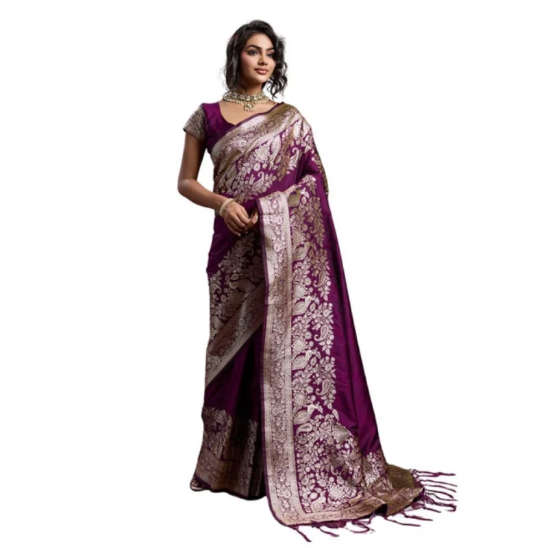 Alternative view of Women's Silk Blend Printed Saree With Unstitched Blouse 5.5Mtr (Wine)
