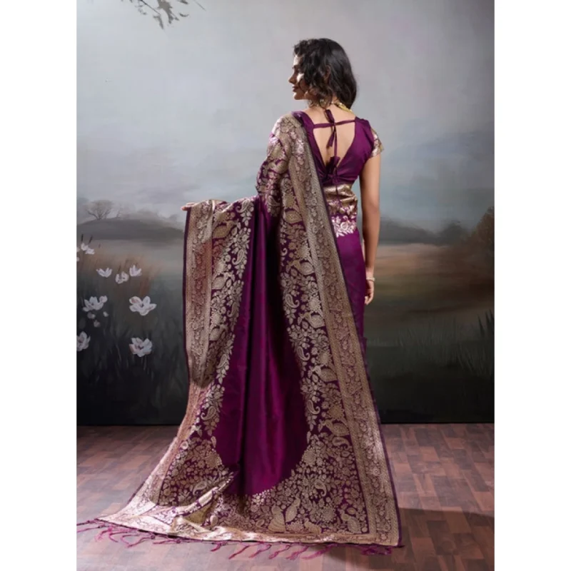 Women's Silk Blend Printed Saree With Unstitched Blouse 5.5Mtr (Wine) - Image 3