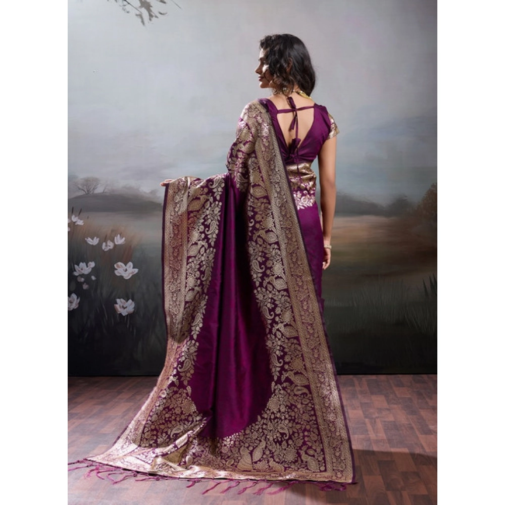 Women's Silk Blend Printed Saree With Unstitched Blouse 5.5Mtr (Wine) - Image 3