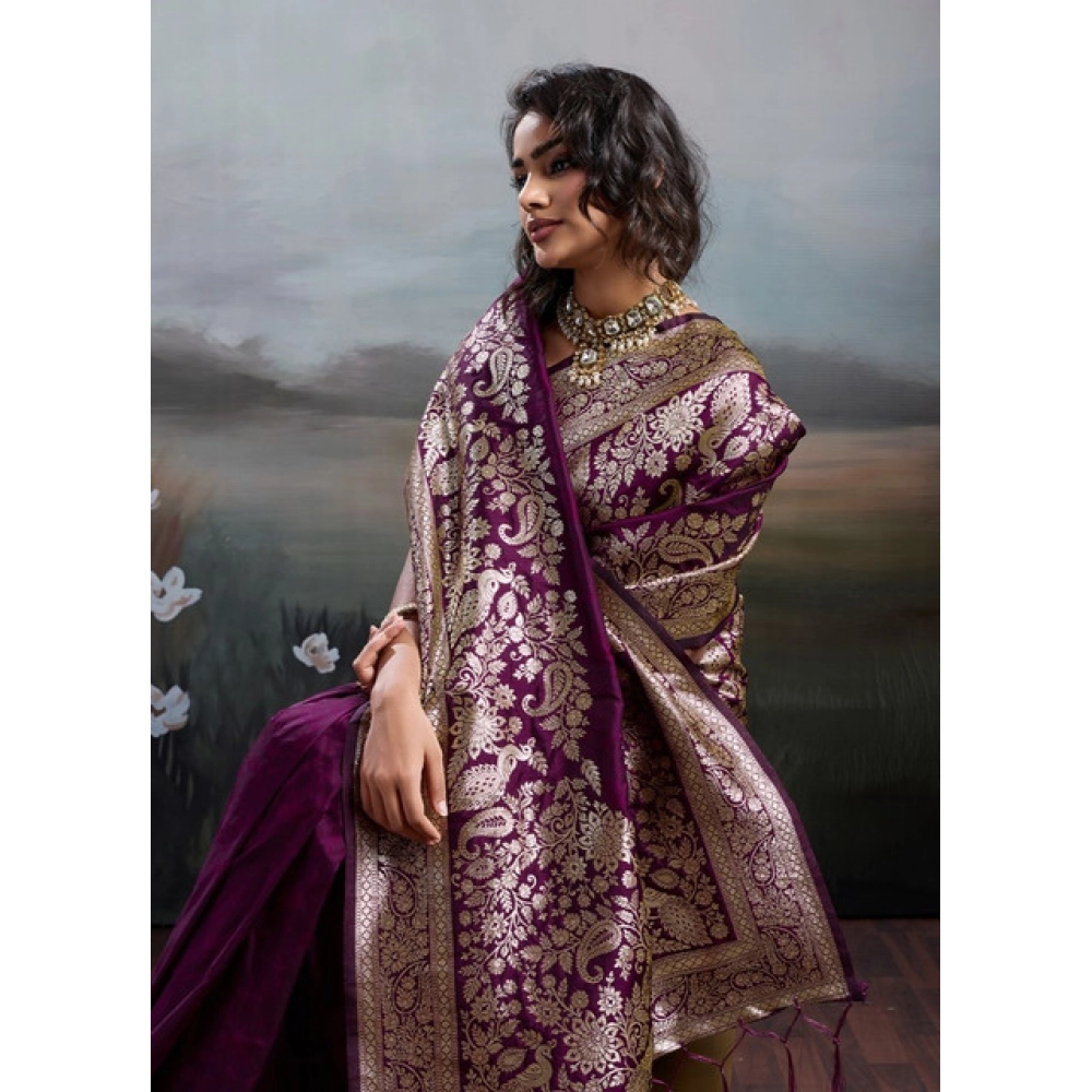 Women's Silk Blend Printed Saree With Unstitched Blouse 5.5Mtr (Wine) - Image 4