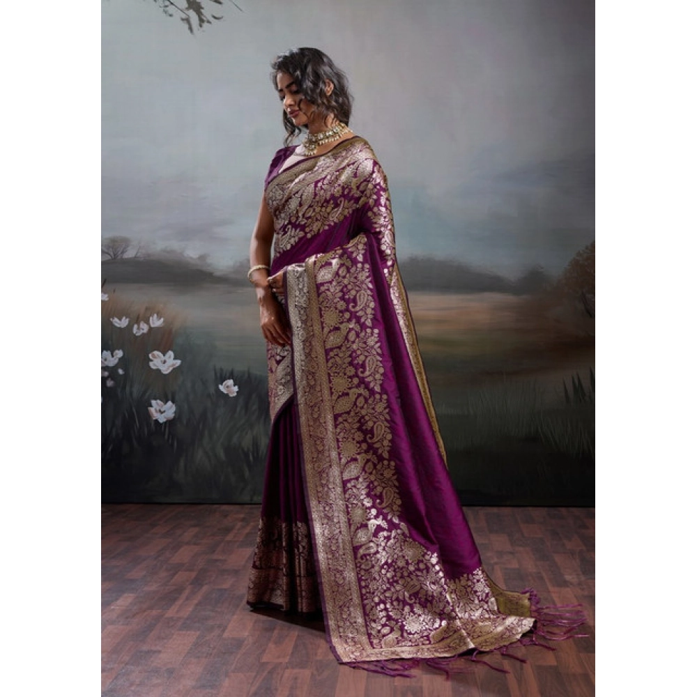 Women's Silk Blend Printed Saree With Unstitched Blouse 5.5Mtr (Wine) - Image 5