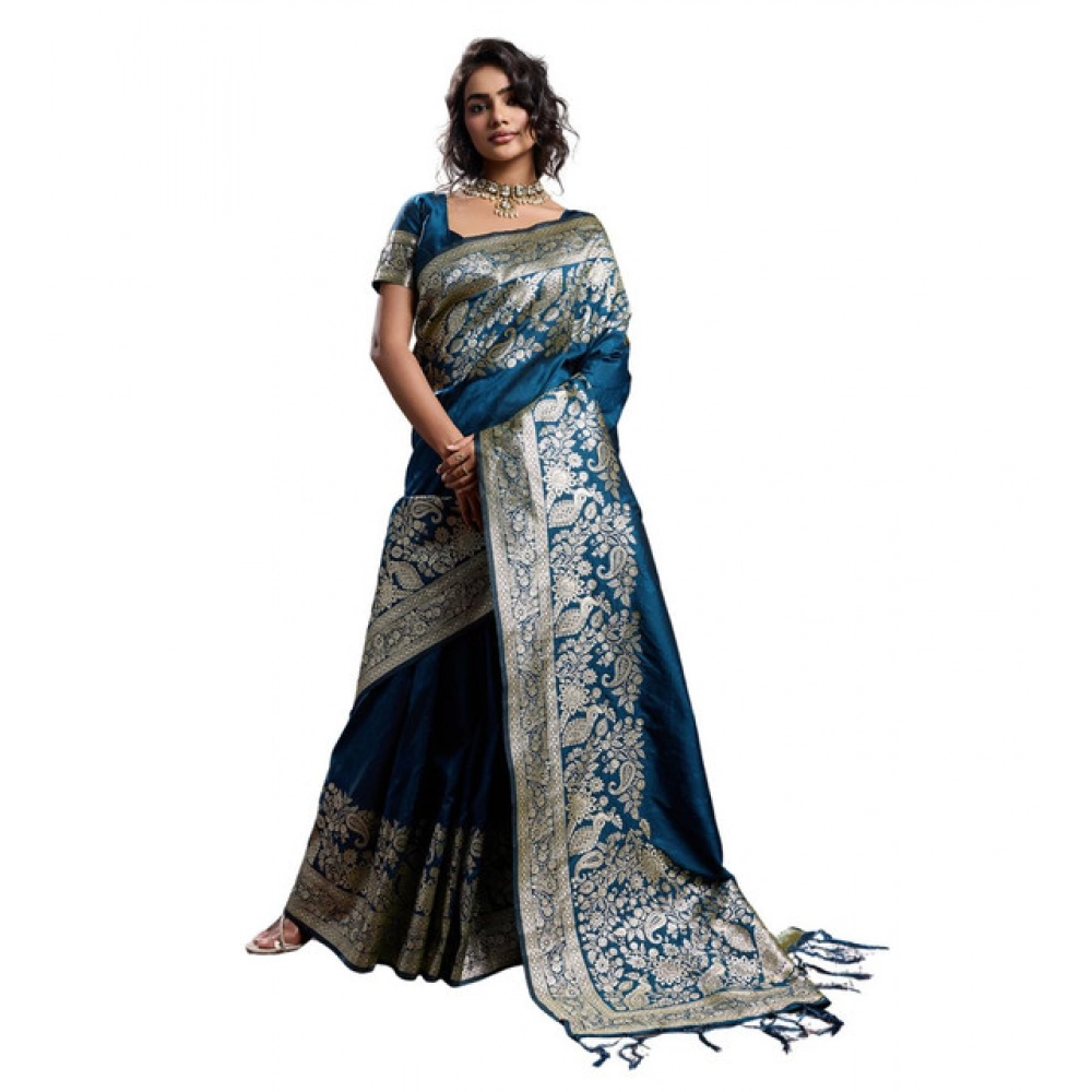 Women's Silk Blend Printed Saree With Unstitched Blouse 5.5Mtr (Navy Blue) - Image 2