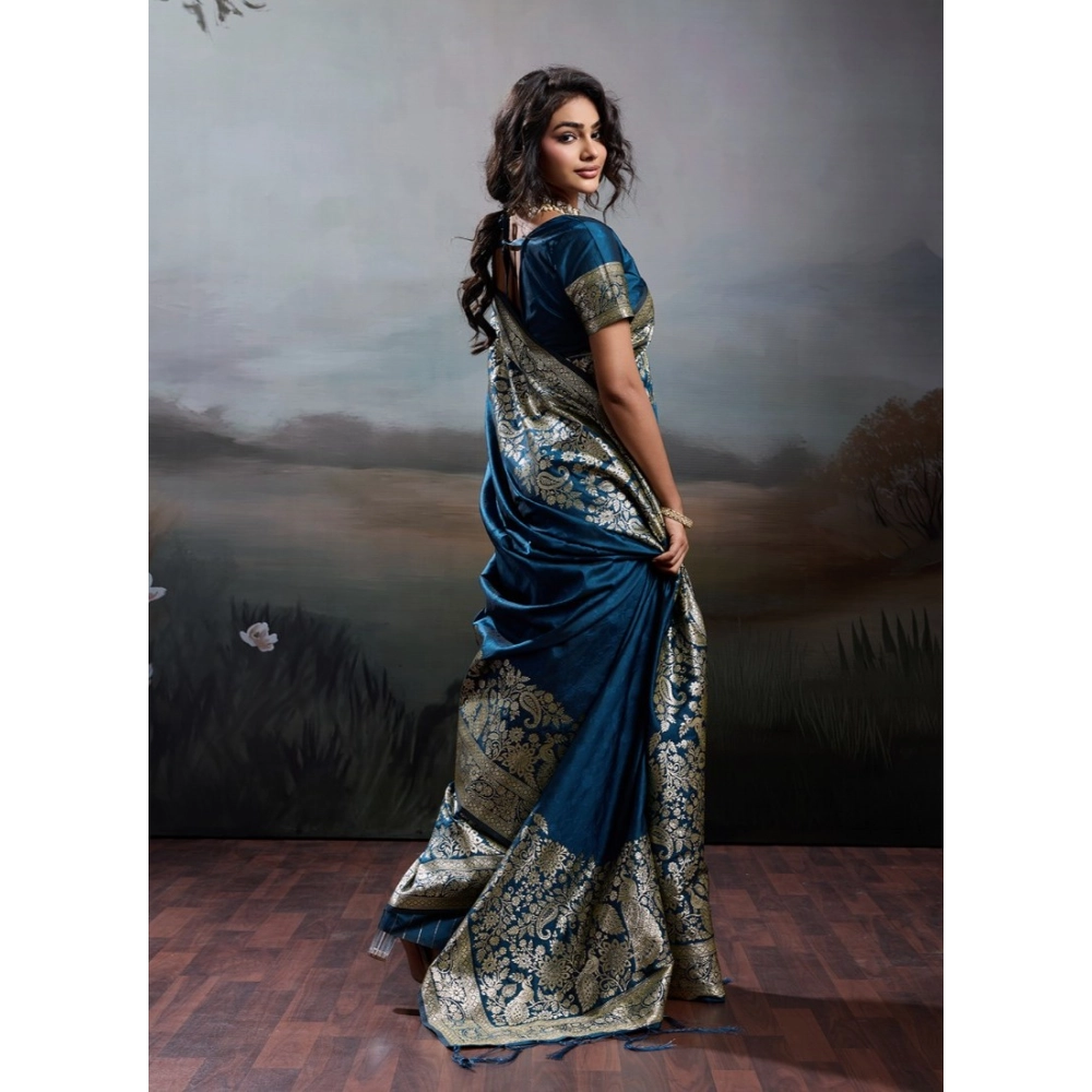 Women's Silk Blend Printed Saree With Unstitched Blouse 5.5Mtr (Navy Blue) - Image 3