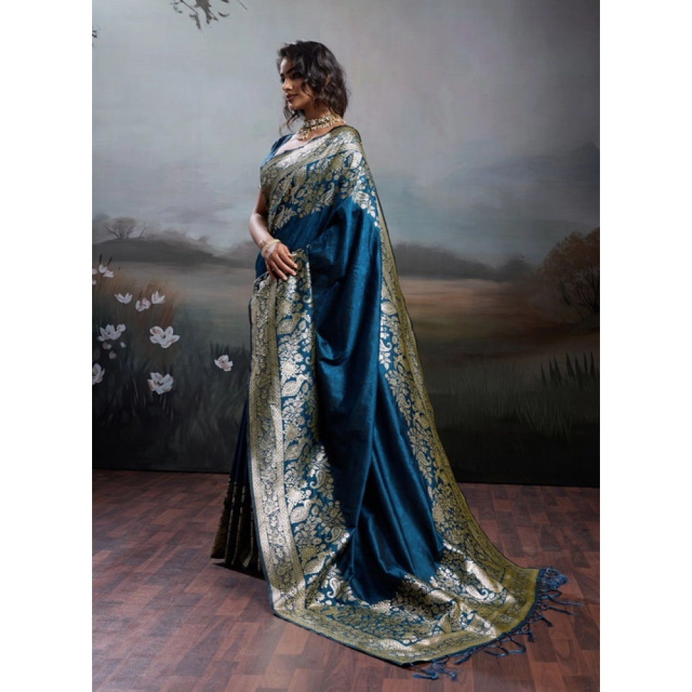 Women's Silk Blend Printed Saree With Unstitched Blouse 5.5Mtr (Navy Blue) - Image 4