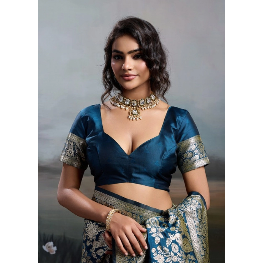Women's Silk Blend Printed Saree With Unstitched Blouse 5.5Mtr (Navy Blue) - Image 5